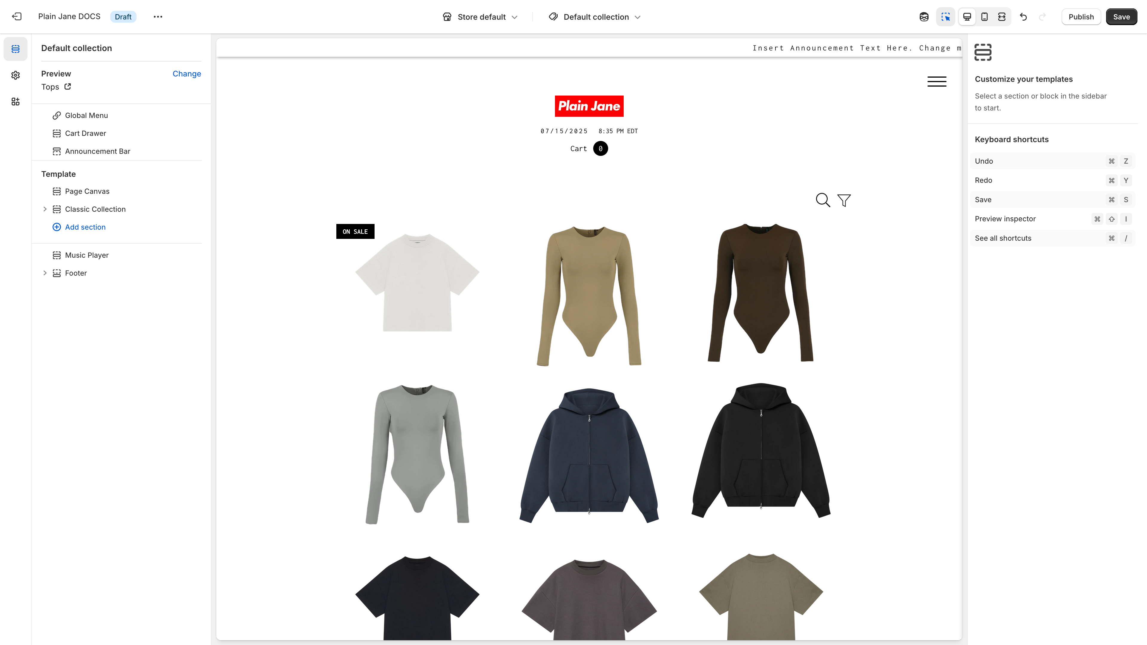Collections page template in theme customizer