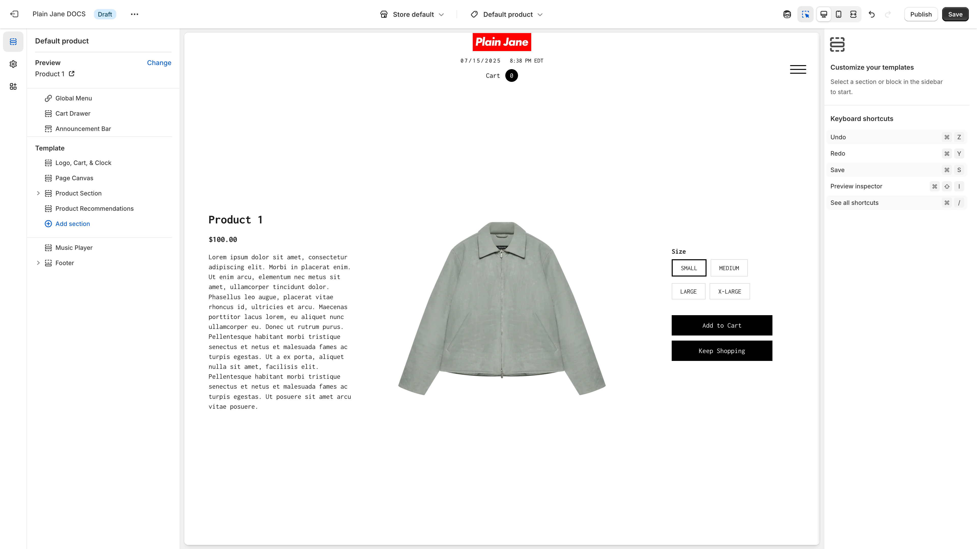 Product page template in theme customizer