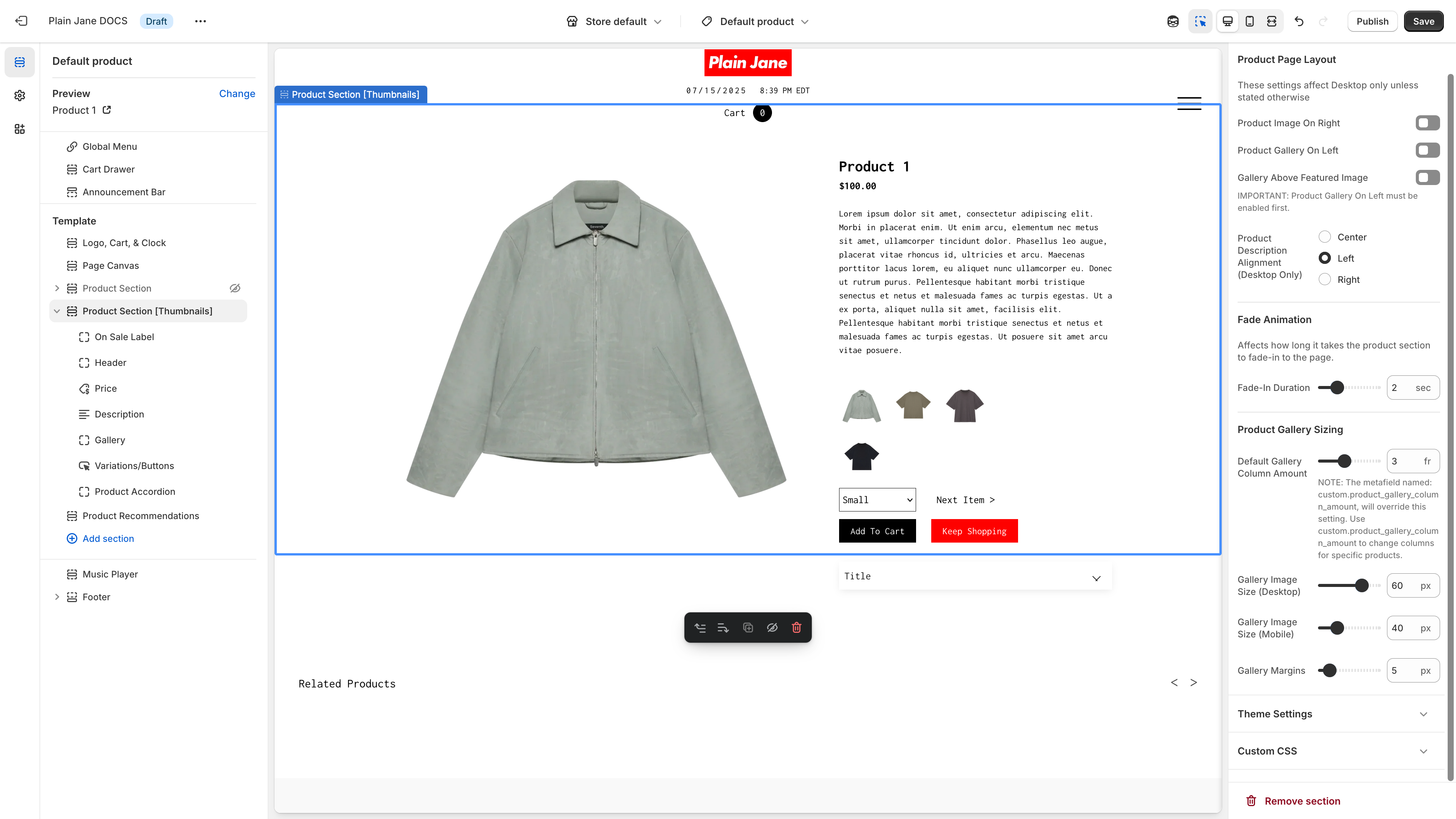 Product image gallery settings